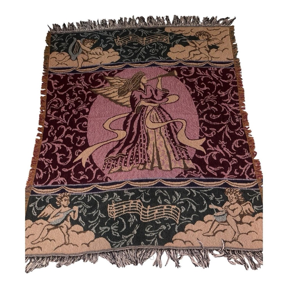 Vtg Sugar Grove Weavers Angel Woven Jacquard Tapestry Throw Blanket Fringe 90s